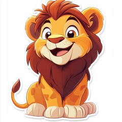 Adorable cartoon lion cub with a bright smile and fluffy mane sitting against a clean white backdrop ideal for children's illustrations and playful designs