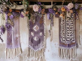 A rustic wall showcasing a boho-style tapestry with geometric designs in warm earthy tones, accented by soft lavender-hued floral garlands.