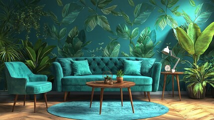 Fototapeta premium Teal living room with tropical wallpaper, velvet sofa, and plants.