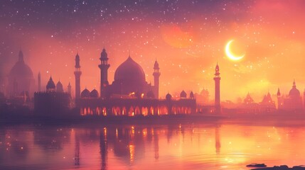 Naklejka premium A Cityscape of Mosques at Sunset Under a Crescent Moon