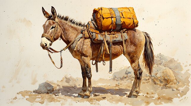Pack Mule in Desert Landscape - Watercolor Painting