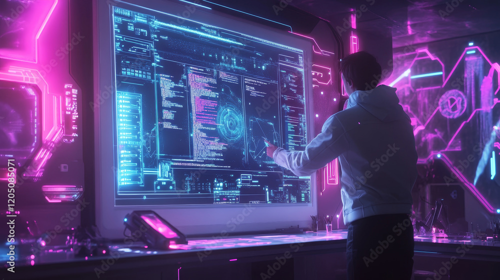 Poster futuristic data analysis event high-tech lab digital interface neon environment over-the-shoulder vi