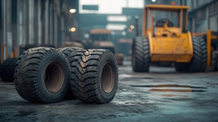 Industrial Scene Featuring Heavy Equipment and Tires in a Warehouse Setting, Highlighting Construction and Maintenance in an Urban Environment
