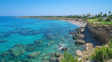 Obraz premium Stunning panoramic view of a turquoise sea, sandy beach, and rocky coastline on a sunny day.