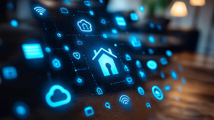 Obraz premium Innovative smart home technology revolutionizes home security and automation modern living room digital art futuristic environment close-up view conceptual design