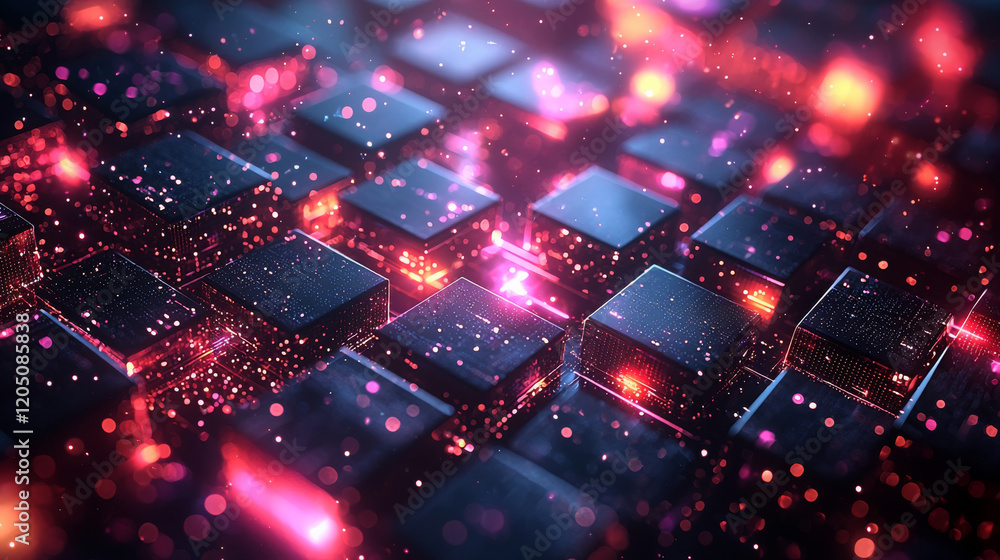 Poster dynamic digital particles dancing across a keyboard virtual environment abstract visualization futur