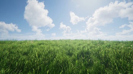 Obraz premium Sunny day, green grass field, blue sky, clouds, nature background, idyllic landscape