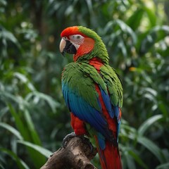 Obraz premium A vibrant parrot with all its colors visible in a side-view pose, full body captured, high-resolution photo taken with a DSLR, blurred green jungle background.