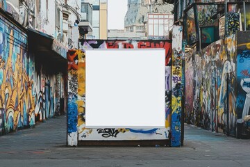 Advertising board in a street setting surrounded by artistic urban designs.