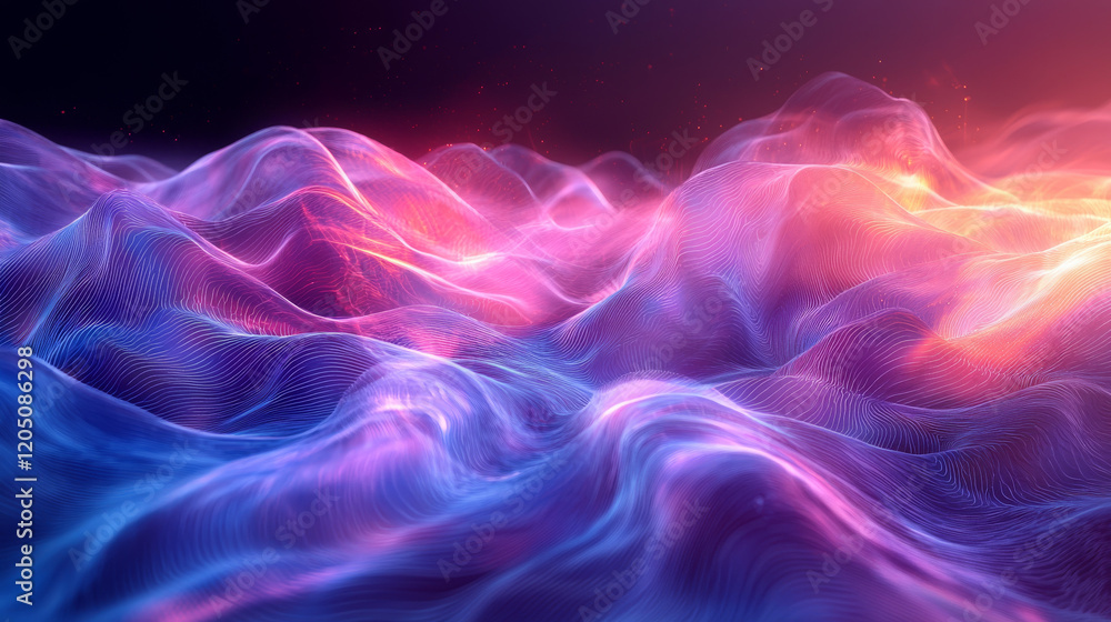 Poster dynamic color wave patterns abstract digital art visualization of sound waves vibrant color palette 