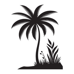 Obraz premium Silhouette of a Single Palm Tree with Lush Vegetation