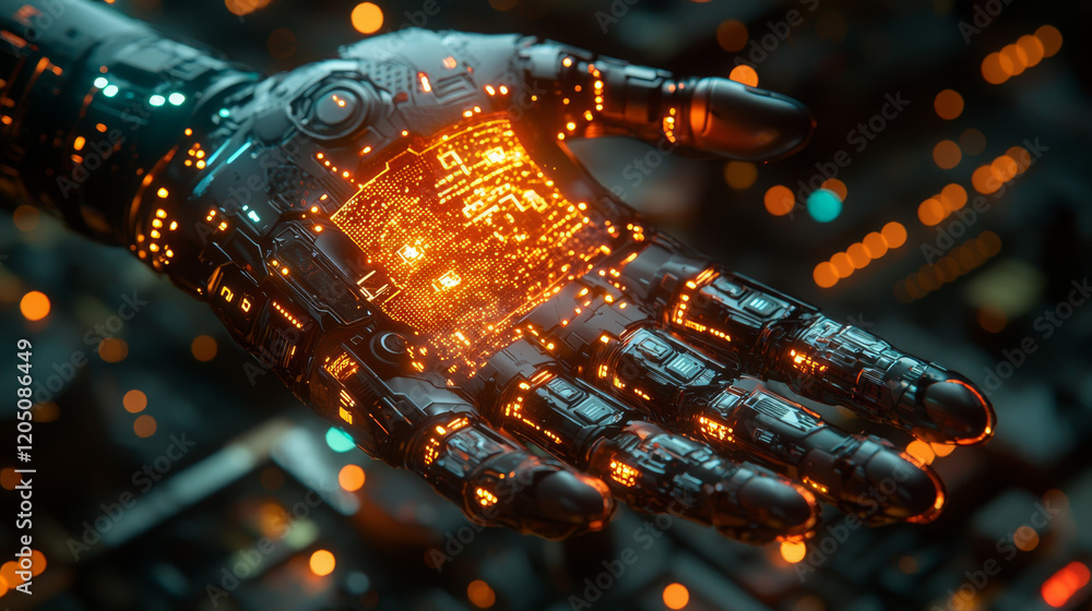 Poster futuristic technology showcase illuminated robotic hand displaying circuitry in a high-tech lab envi