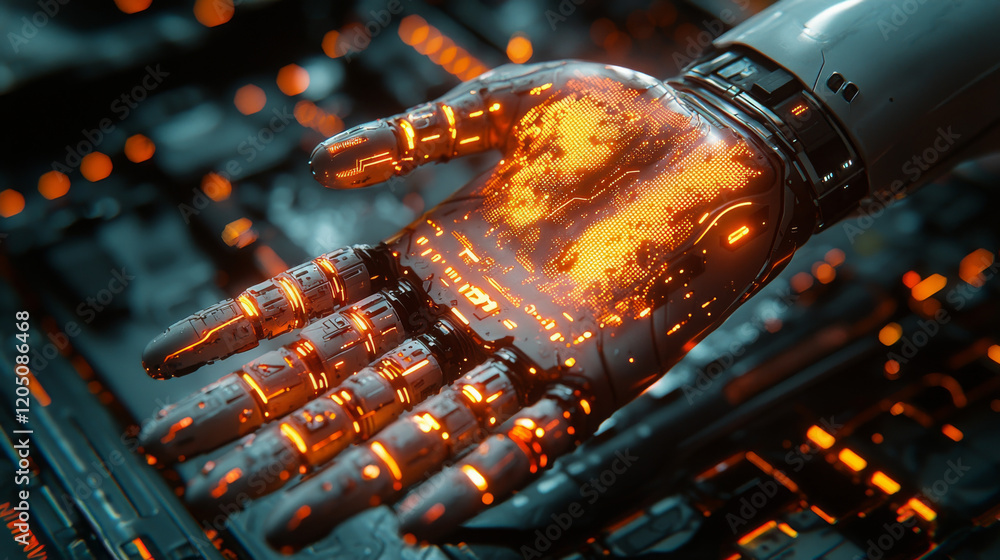 Poster futuristic robotic hand displaying digital world map technology lab concept art high-tech environmen
