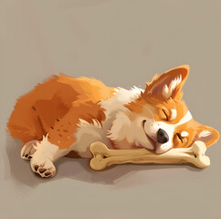 Welsh corgi puppy isolated on brown background. Cute happy dog character sleeping with bone. Outline illustration, color filled.