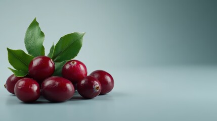 Fresh Red Fruits with Green Leaves Arranged on a Smooth Surface, Perfect for Culinary and Healthy Lifestyle Themes in Stock Photography