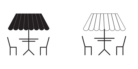 Print A variety of different colored umbrellas and tables, showing terrace icon, terrace icon in filled and outlined styles, terrace cafe icon, cafe seating icon . 1176