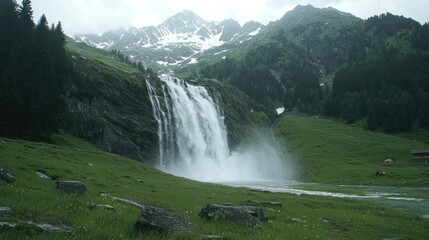 Fototapeta premium Majestic alpine waterfall cascades down rocky mountainsides
