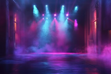 Fototapeta premium Neon-lit urban alley stage, smoky atmosphere, concert backdrop