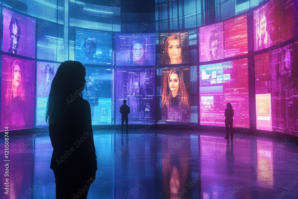 Aufkleber People interacting with digital displays in a futuristic environment filled with abstract visuals and holographic images. Generative AI