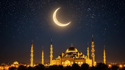 Grand illuminated mosque with minarets under crescent moon and starry sky, showcasing spiritual and architectural elegance