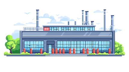 Obraz premium Modern Industrial Factory Building with Fire Extinguishers and Chimneys.