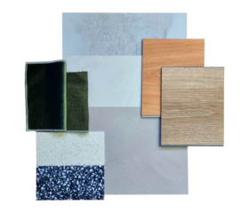 interior decoration material samples including wooden vinyl tile, concrete laminated, green draperies, artificial stones isolated on background with clipping path. interior mood and tone board.