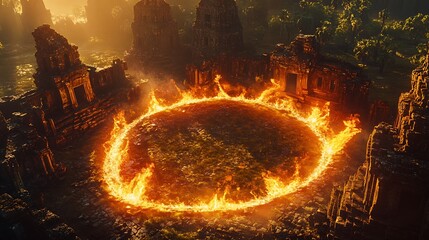 A ring of fire encircling an ancient temple ruin, casting a warm glow over the stone structures