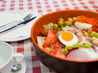 Fresh vegetable salad with boiled egg and olives on checkered tablecloth