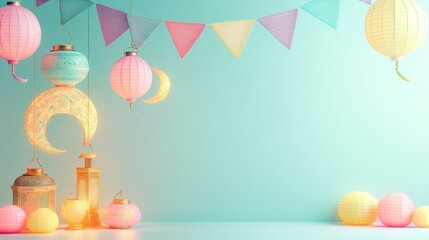 Festive Lanterns and Bunting Decorate a Pastel Room