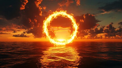 A ring of fire floating over a vast ocean at sunrise, the flames and sun creating a powerful visual