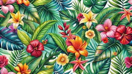 Colorful arrangement of tropical flowers and foliage in a pattern of interlocking leaves for textile and wallpaper design purposes , tropical, textile design