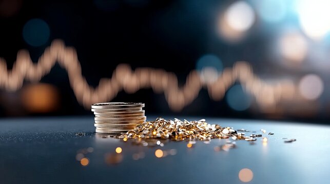 Coins and gold nuggets on a table with financial chart in background