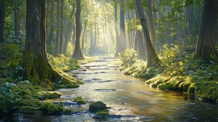Obraz premium Sunlit Stream Flows Through Mossy Forest