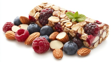 Healthy Snack with Nuts, Berries, and Granola on a White Background