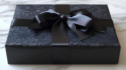 Black gift box, textured surface, elegant black ribbon bow, satin finish, dramatic lighting, high contrast, minimalist presentation, luxury packaging, sleek design, sophisticated, monochromatic