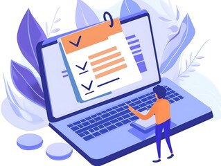 isometric laptop user checklist purple design person reviewing tasks on laptop in isometric view