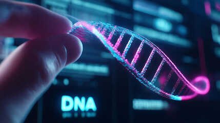 A futuristic hand holds a glowing DNA strand against a digital interface, symbolizing biotechnology and genetic research.