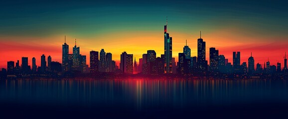 Fototapeta premium Cityscape silhouette at sunset reflected in water.