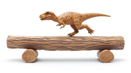 Fototapeta premium A toy dinosaur balancing on a log, showcasing playful creativity and imagination.