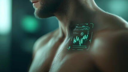 A close-up of a man's shoulder displaying a digital health monitoring interface, highlighting data visualization in a futuristic setting.