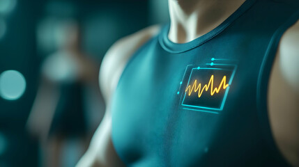 A close-up of a high-tech fitness garment displaying biometric data, highlighting health monitoring and advanced wearable technology in a gym environment.