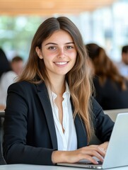 Fototapeta premium Smiling businesswoman at desk office environment portrait photography
