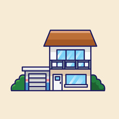 Simple  terraced contemporary modern home with garage cartoon vector illustration Collection of house concept icon isolated
