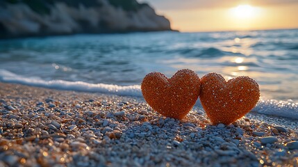 Fototapeta premium Romantic Sunset Beach Two Orange Hearts on Pebbles