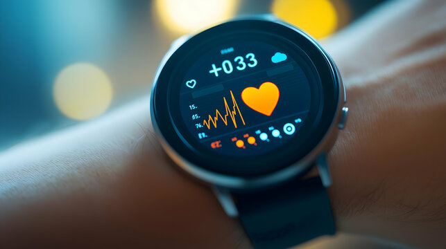 A sleek smartwatch displaying heart rate data and health metrics on its vibrant screen.