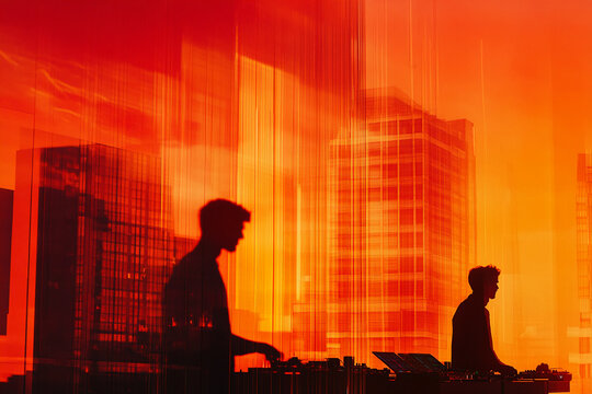 Urban nightlife vibe with DJs performing amidst glowing cityscape at sunset