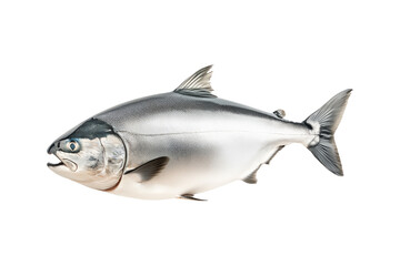 Fototapeta premium Raw salmon fish with detailed fins and scales, isolated on white transparent background, concept of marine life.