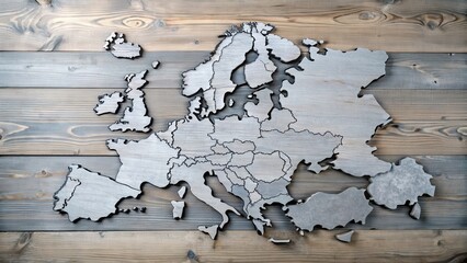 A grey European map with countries highlighted on a wooden table, Europe Map