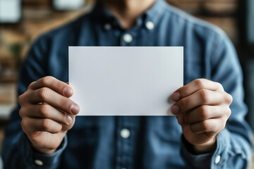 Fototapeta premium A man holding a blank white card or paper sheet in his hands, close-up on a table. This is a concept stock photo, the winner of a contest, with copy space for your text message. A