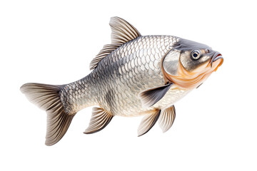 Closeup of fresh common carp fish with detailed scales and fins, isolated on white transparent background, concept of aquatic life
